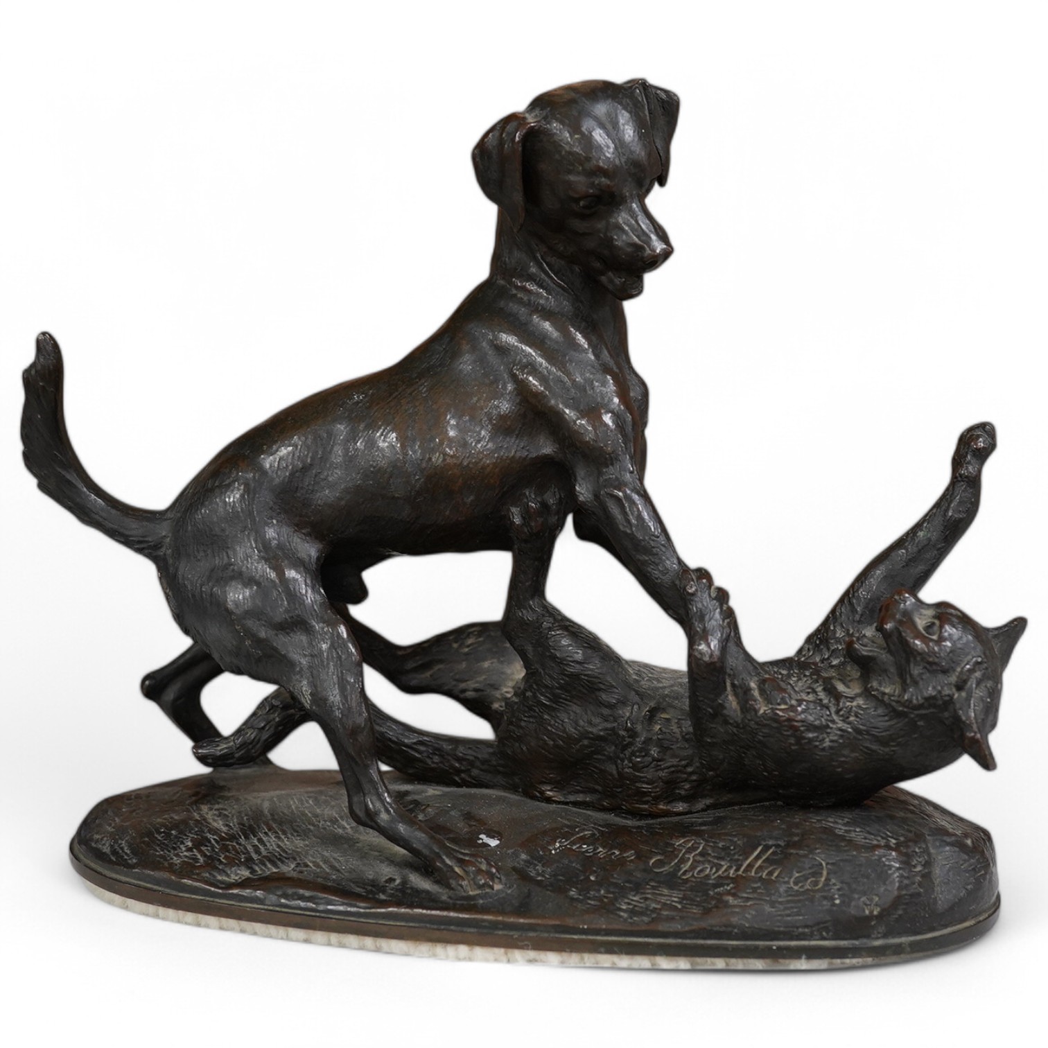 Pierre Louis Rouillard (1820-1881), a bronze group of a dog attacking a cat, signed, 20cm high. Condition - good